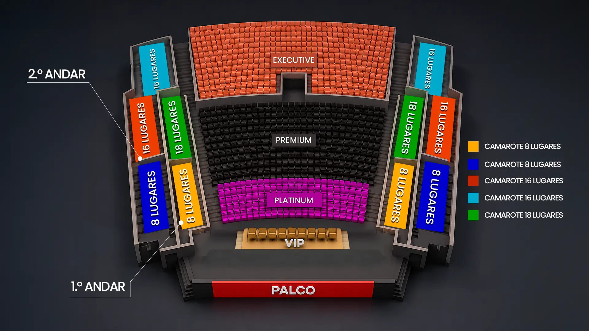 Mapa do teatro com a localização dos camarotes de 8, 16 e 18 lugares
